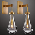 Raindrop Brass Wall Sconces Set of 2, Teardrop Glass Brushed Gold Dimmable Wall Lights with E12 Bulbs Included, Hardwired Bathroom Vanity Light for Bedroom, Living Room, Hallway, Stairway, Foyer, Home