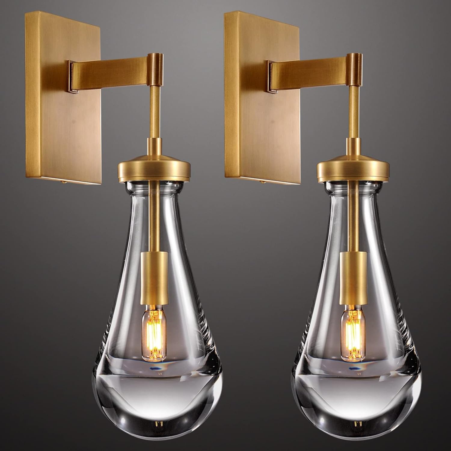 Raindrop Brass Wall Sconces Set of 2, Teardrop Glass Brushed Gold Dimmable Wall Lights with E12 Bulbs Included, Hardwired Bathroom Vanity Light for Bedroom, Living Room, Hallway, Stairway, Foyer, Home