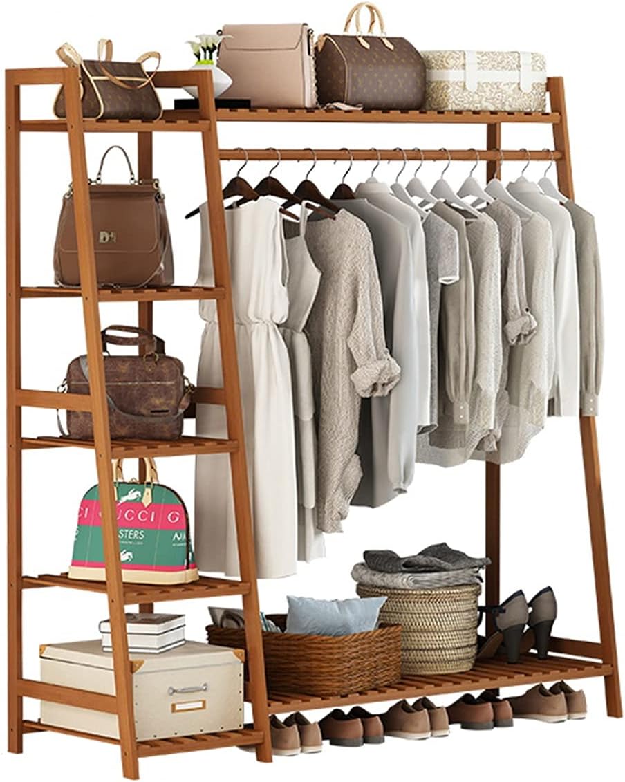 Coat Rack, Bamboo Garment Rack 7 Tier Storage Shelves Clothes Hanging Rack Heavy Duty Clothing Rack Multipurpose Open Wardrobe Closet Organizer Stable Structure