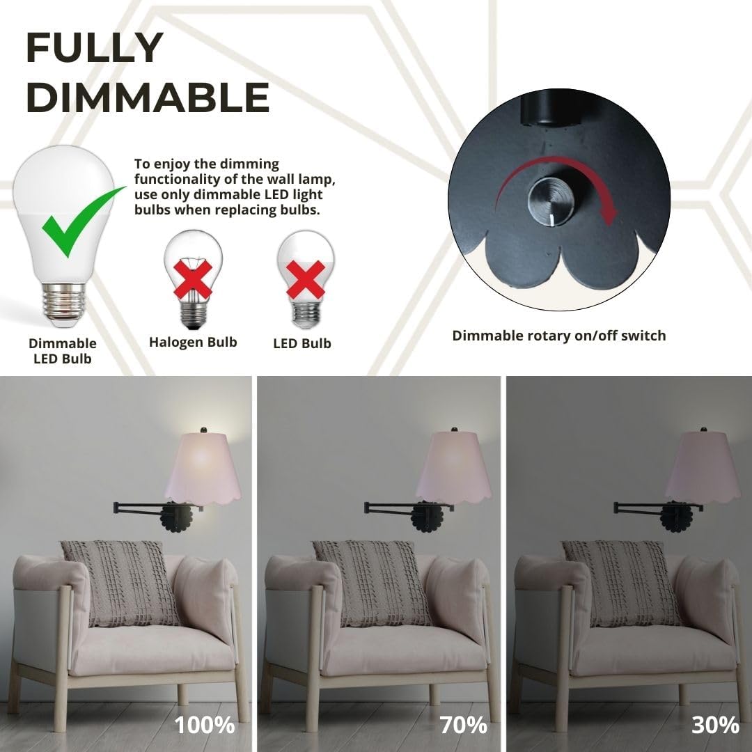 Royal Designs, Inc. Set of 2 Scalloped Swing-Arm Dimmable Wall Lamp - Black Lamp with Pink Scallop Hardback Lampshade