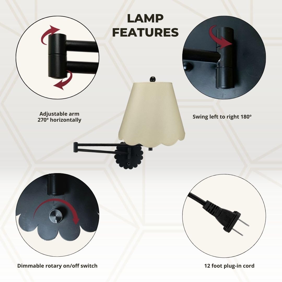 Royal Designs, Inc. Set of 2 Scalloped Swing-Arm Dimmable Wall Lamp - Black Lamp with Beige Scallop Hardback Lampshade