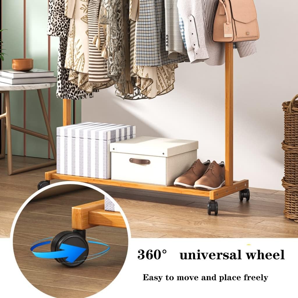 Coat Rack, Garment Rack Hanging Shelves Rolling Wardrobe Clothing Rack With 1 Shoe Shelf 4 Tree Hooks 14 Pants Racks And Hanging Bar Large Standing Bamboo Clothes Storage Max Load 75kg
