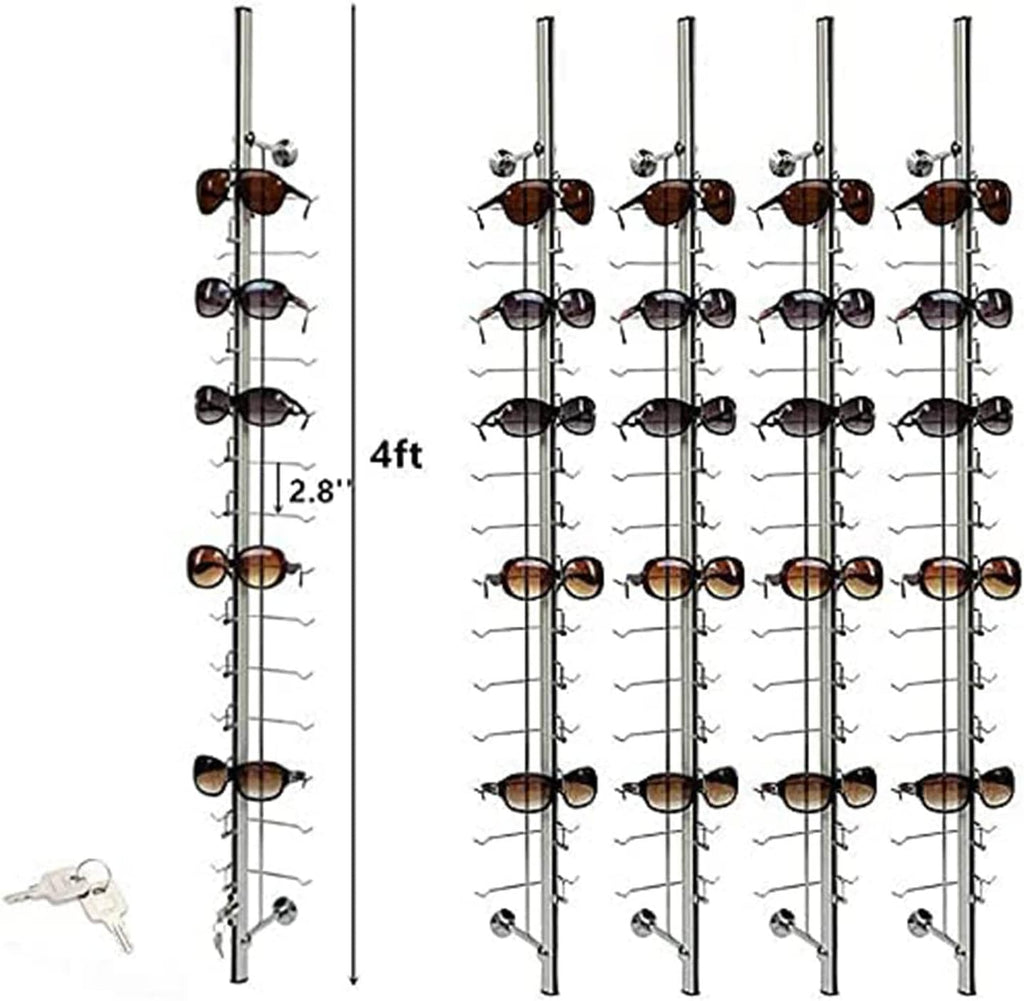 10Pcs Aluminum Sunglass Holder with Lock Wall-Mounted Sunglasses Rack Organizer Storage Eyewear Glasses Display Stand Eyeglass Decorative Display Rod,Hold 14 Frames