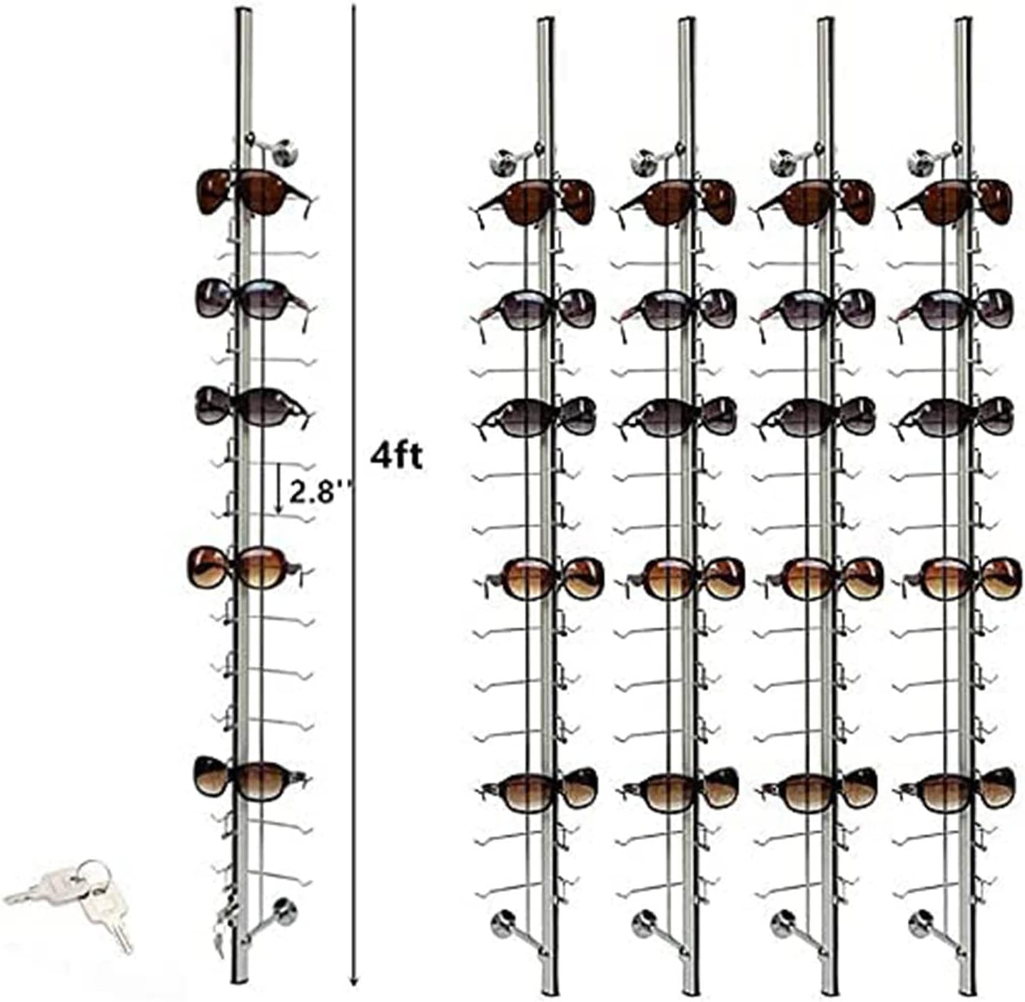 10Pcs Aluminum Sunglass Holder with Lock Wall-Mounted Sunglasses Rack Organizer Storage Eyewear Glasses Display Stand Eyeglass Decorative Display Rod,Hold 14 Frames