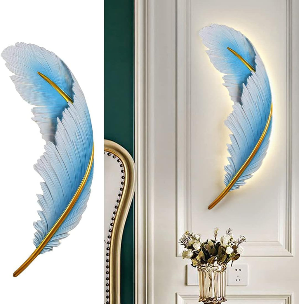 Modern LED Wall Light Vintage Dimmable Wall Lights Fixtures Mid Century Blue Resin Feather Design 3000k-6000k Indoor Wall Mount Lamp for Bedroom Living Dining Room Hallway