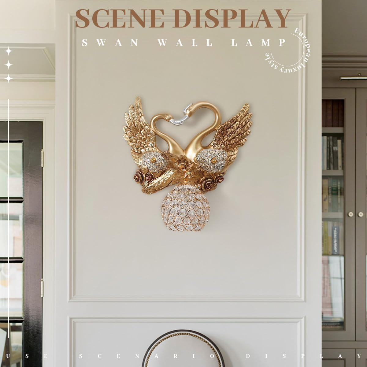 Gold Swan Wall Sconce, Modern Luxury Crystal Wall Lamp, Decorative Wall Lighting for Bedroom Living Room Hallway, Romantic Heart Shaped Wall Mounted Light Fixture, Resin Animal Wall Art Decor