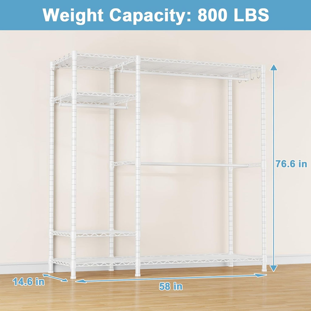 Ulif F7 Garment Rack, Heavy Duty Clothes Rack, Clothing Racks for Hanging Clothes, 6-Tiers Freestanding Portable Closet Storage Rack 58'' W × 14.6'' D × 76.6'' H, Max Load 800 Lbs, White