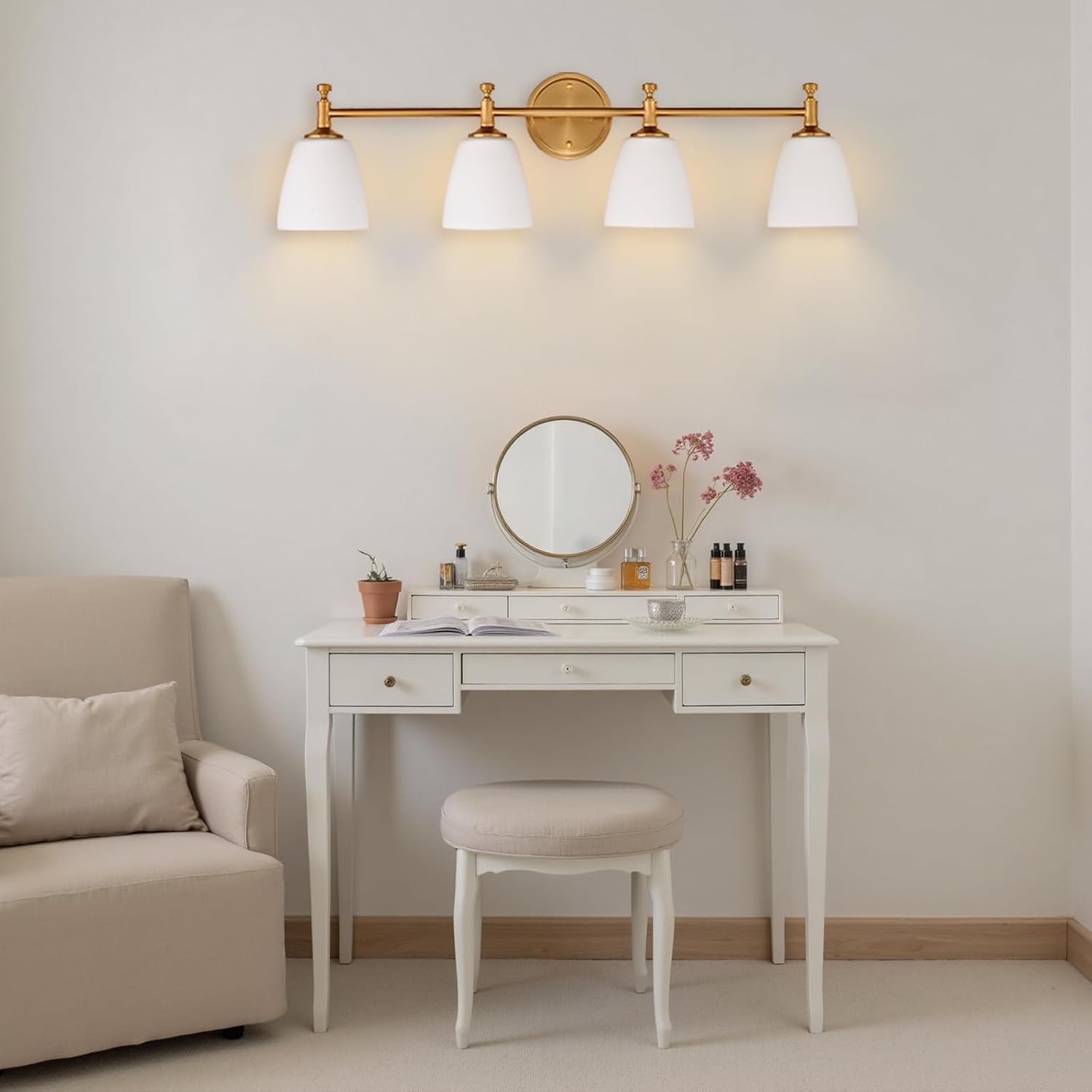 Bathroom Vanity Light Fixture, 4-Light Vintage Bathroom Lighting Fixtures Over Mirror, Antique Brass Finish with Frosted Milk Glass Shade, Wall Sconces Lighting for Bedroom, Living Room, Hallway