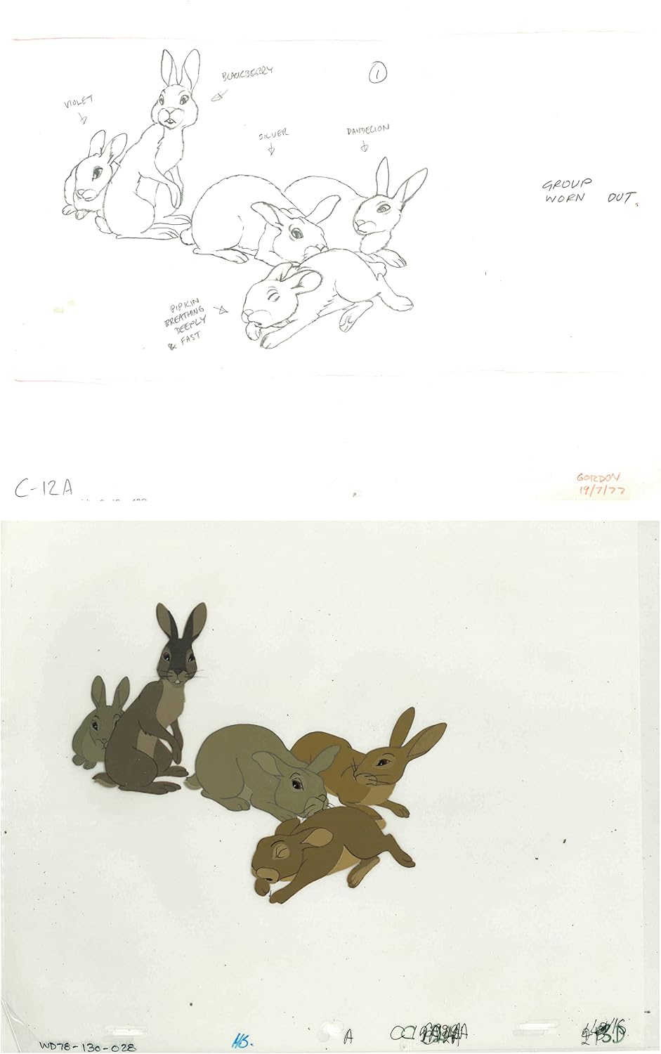 2 lot Watership Down 1978 production Animation Cel AND Drawing 130-28