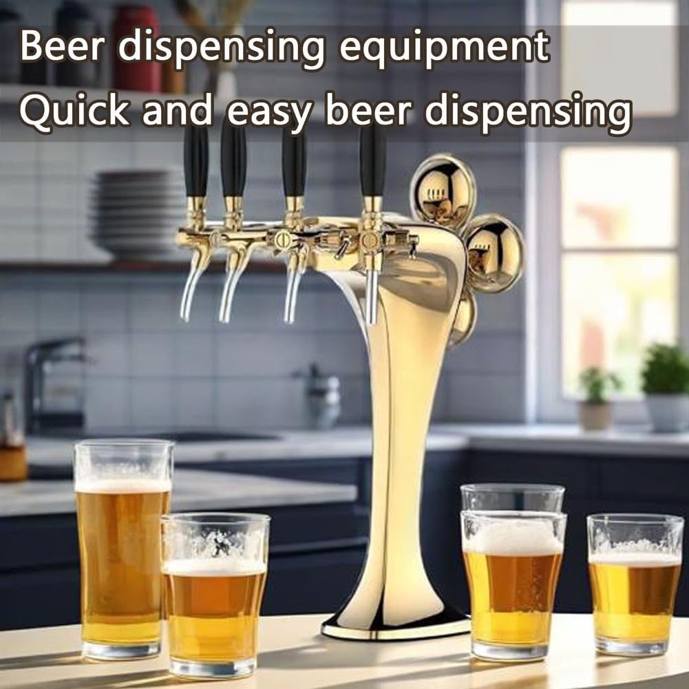 4 Taps Stainless Steel Tower, Pipe Tower Kegerator, with LED Beer Labels, Electroplating Surface (Gold/Sliver),Gold