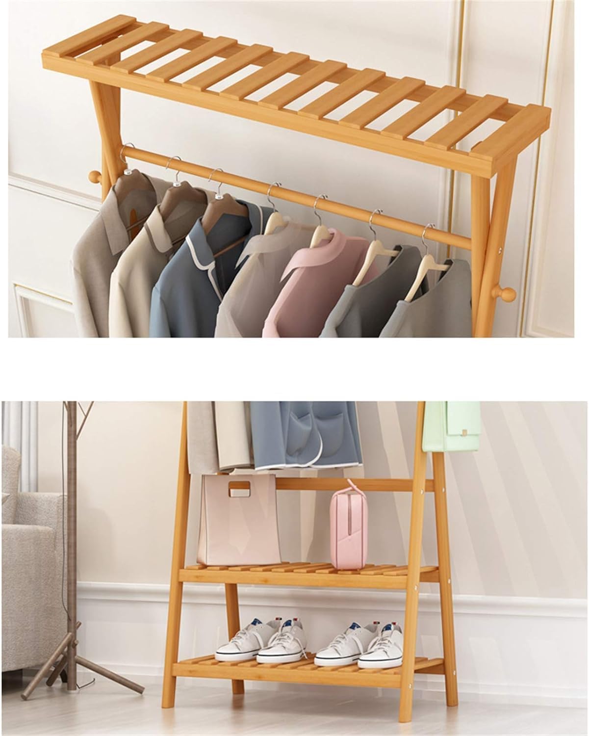 3 in 1 Bamboo Coat Rack Garment Rack,Stand Clothes Hanging with Shelves Storage Organiser Shoe Storage Shelves Garment Rack (Color : Wood color, Size : 80 * 43 * 160cm)