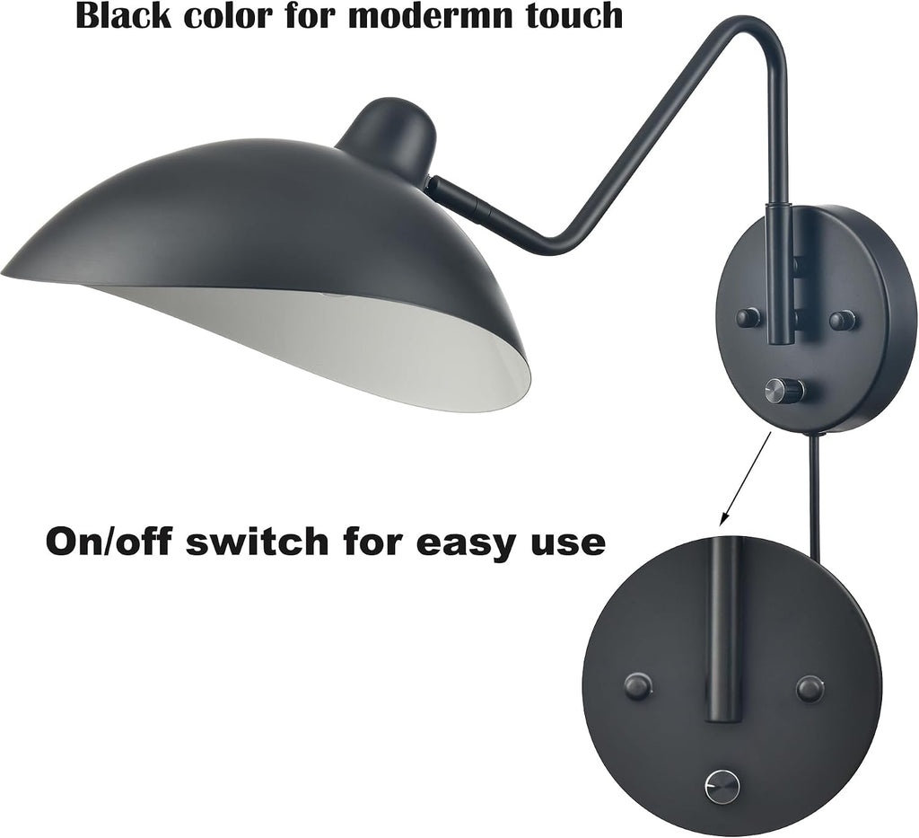 Plug in Wall Light Black Plug in Wall Sconces Set of 2 Swing Arm Wall Lamp Bedsides Hardwired On/Off Switch for Bedroom Living Room