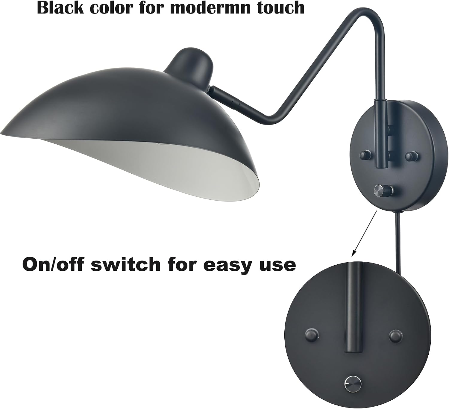 Plug in Wall Light Black Plug in Wall Sconces Set of 2 Swing Arm Wall Lamp Bedsides Hardwired On/Off Switch for Bedroom Living Room