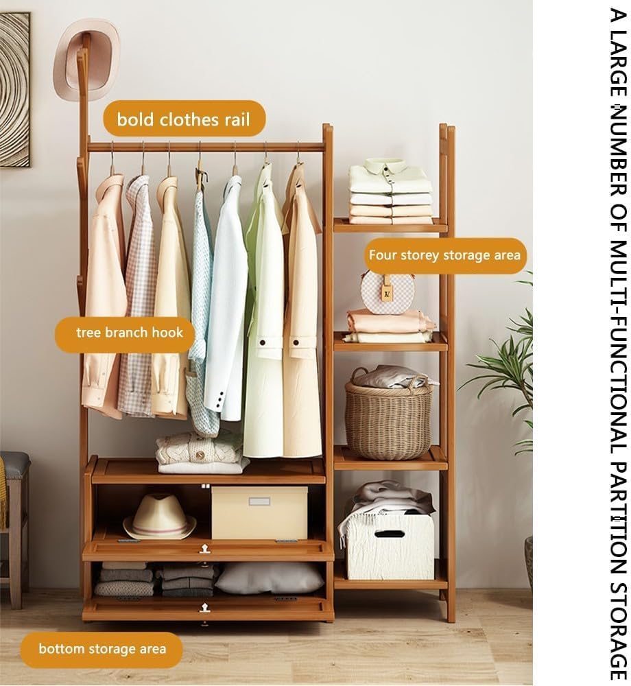 Bamboo Garment Coat Clothes Hanging Rack Closet with Wheels Garment Rack Organizer Rod for Bedroom Free Standing Coat Rack Garment Clothes Hanging Rack Foldable Space Saving
