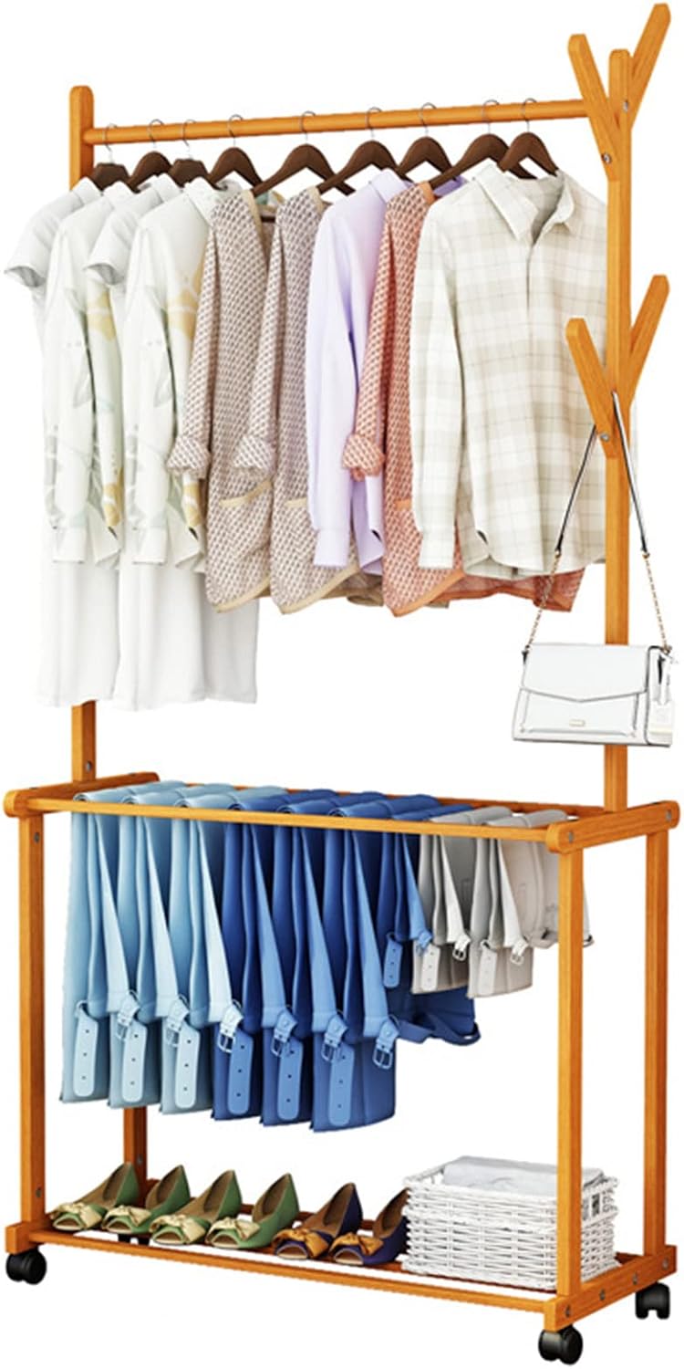 Bamboo Garment Rack, Laundry Clothes Drying Rack, Coat Clothes Hanging Heavy Duty Racks With Top Shelf And Shoe Clothing Storage Organizer Shelves For Bedroom (100cm)