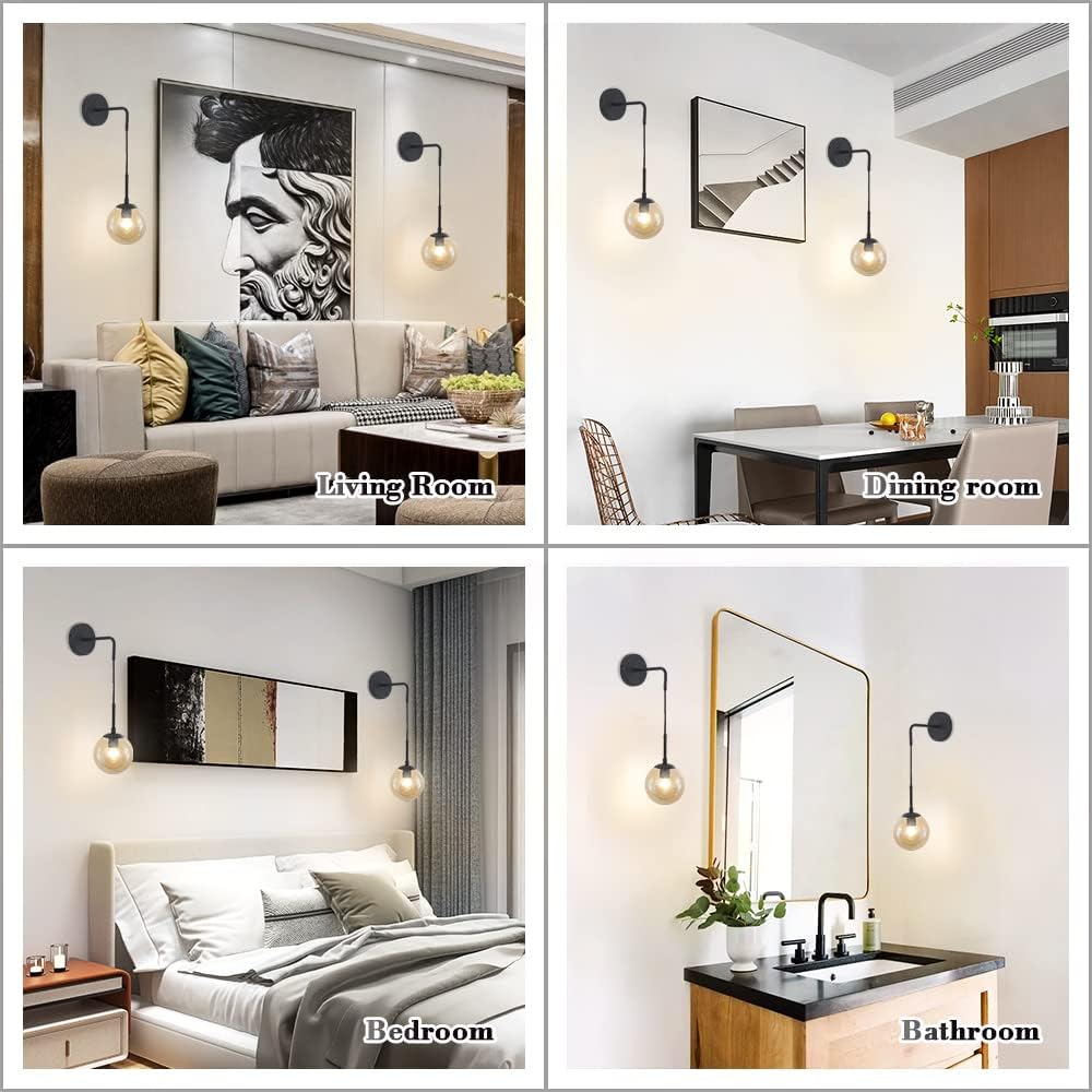 BOKT Matte Black Amber Glass Round Wall Sconce Light Set of Two Mid Century Modern Globe Bathroom Wall Sconce Lamp Set of 2 Farmhouse Industrial Adjustable Bar Wall Light Fixture (Amber)