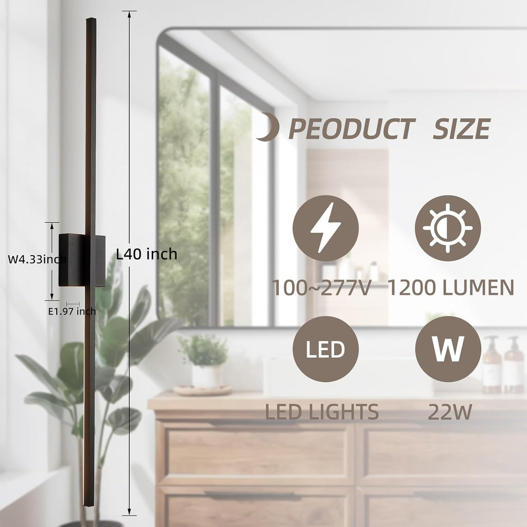 Wall Sconces Set of Two, Black Modern Wall Sconce Light for Bathroom, Living Room, Bedroom, Hardwired 3000K 40''