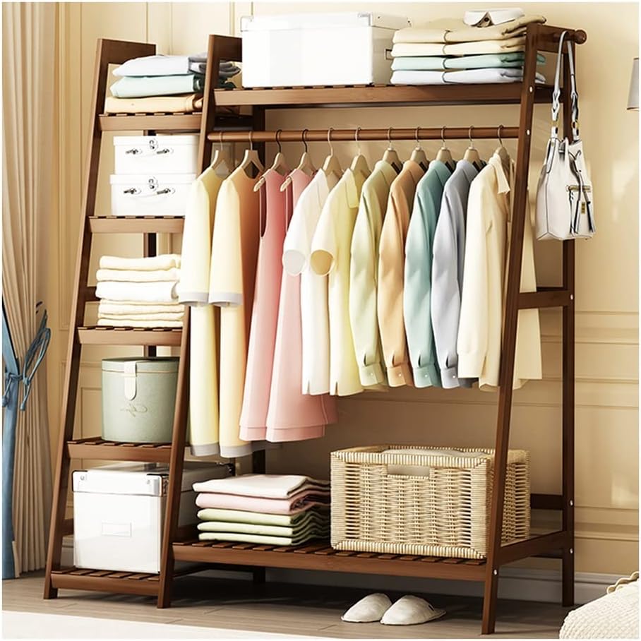 Bamboo Garment Rack, with 7 Tier Shelves, Free-Standing Multifunctional Hanging Clothes Rack/130 * 42 * 140Cm