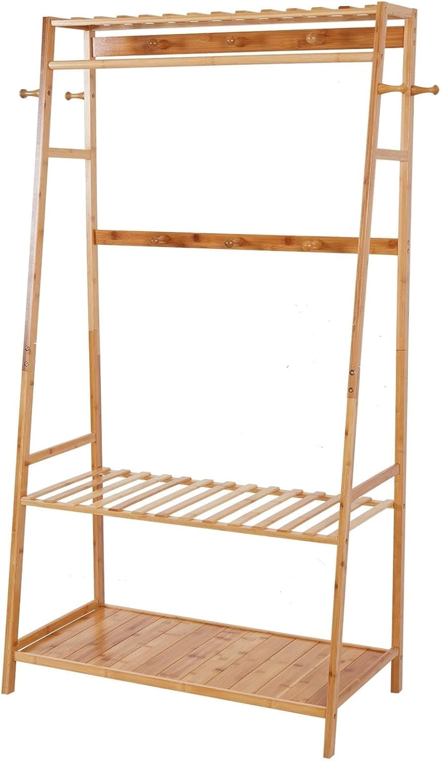 Bamboo Garment Rack Clothes Shelf Shoes Storage with Hooks Brown Wood Finish Includes Hardware