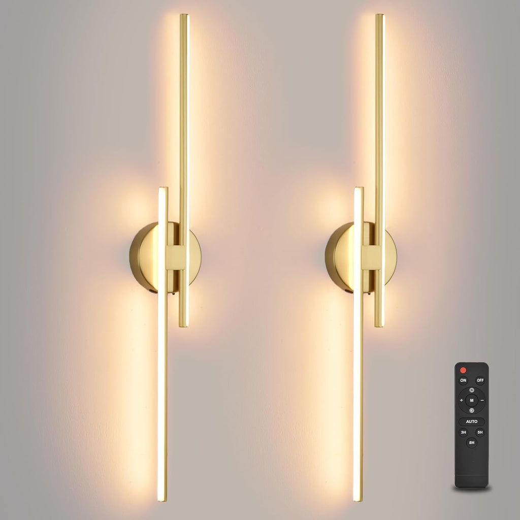 Battery Operated Wall Sconce Set of 2,Gold 31.4' 3000K-6500K LED Dimmable Wall Sconces with Remote Control,Wireless Wall Light USB Rechargeable for Bedroom Hallway Living Room Background Wall Lighting
