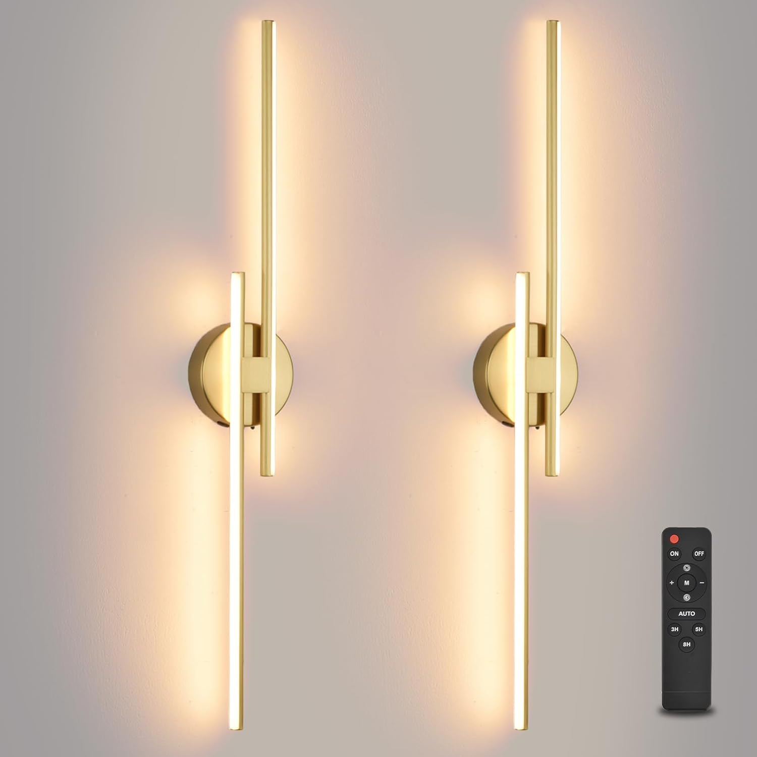 Battery Operated Wall Sconce Set of 2,Gold 31.4' 3000K-6500K LED Dimmable Wall Sconces with Remote Control,Wireless Wall Light USB Rechargeable for Bedroom Hallway Living Room Background Wall Lighting