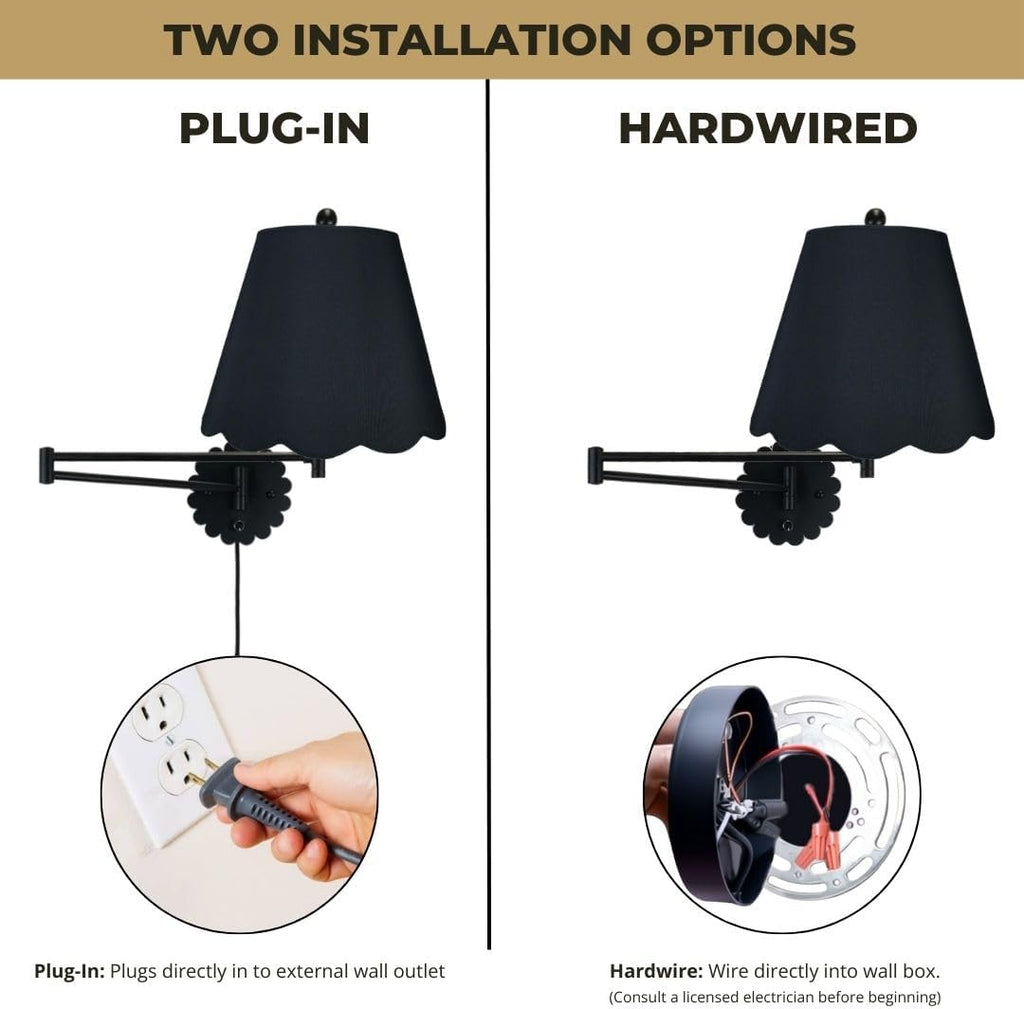 Royal Designs, Inc. Set of 2 Scalloped Swing-Arm Dimmable Wall Lamp - Black Lamp with Black Scallop Hardback Lampshade