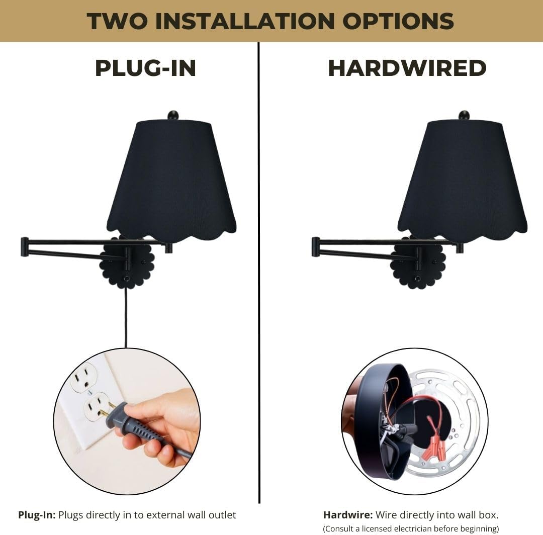 Royal Designs, Inc. Set of 2 Scalloped Swing-Arm Dimmable Wall Lamp - Black Lamp with Black Scallop Hardback Lampshade