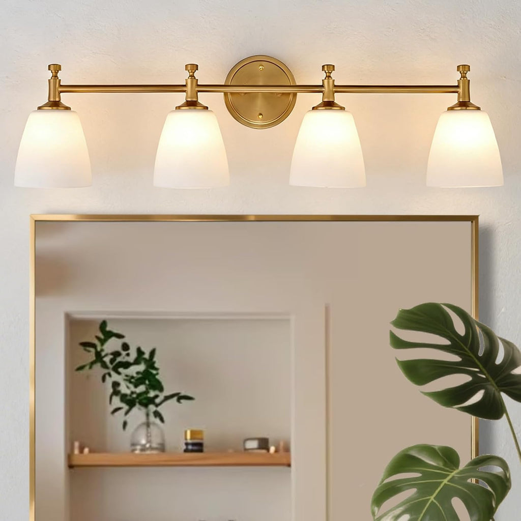 Bathroom Vanity Light Fixture, 4-Light Vintage Bathroom Lighting Fixtures Over Mirror, Antique Brass Finish with Frosted Milk Glass Shade, Wall Sconces Lighting for Bedroom, Living Room, Hallway