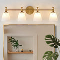 Bathroom Vanity Light Fixture, 4-Light Vintage Bathroom Lighting Fixtures Over Mirror, Antique Brass Finish with Frosted Milk Glass Shade, Wall Sconces Lighting for Bedroom, Living Room, Hallway