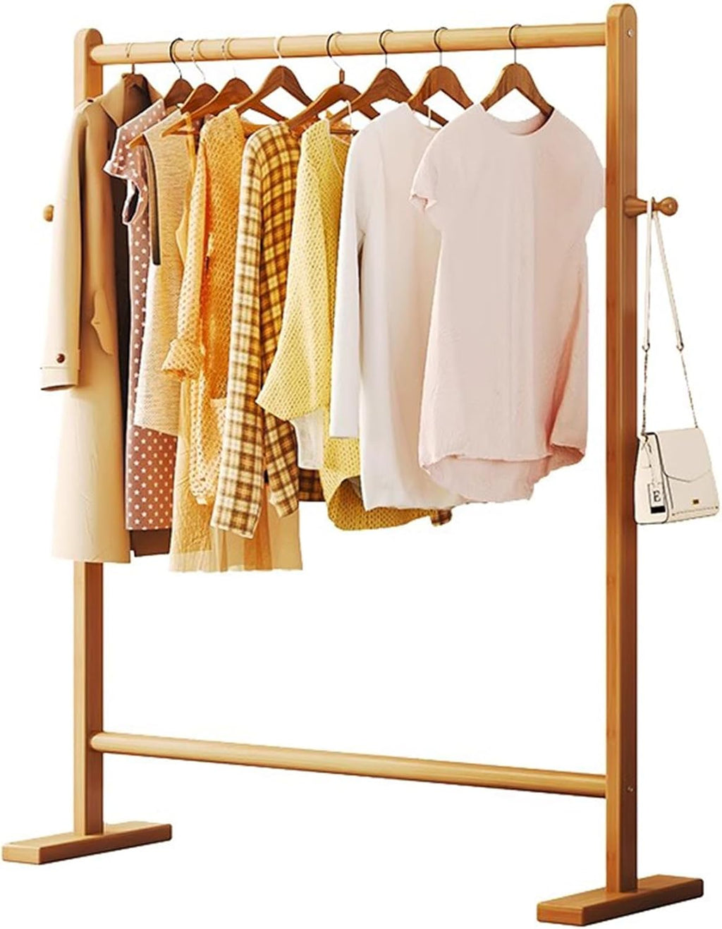 Garment Rack Bamboo Clothing Rack For Hanging Clothes, Modern Simple Clothes Hanging Stand With 2 Hooks, Large Capacity Clothes Rail, Freestanding Coat Rack For Bed(Size:100X40X162CM,Color:Wood color)