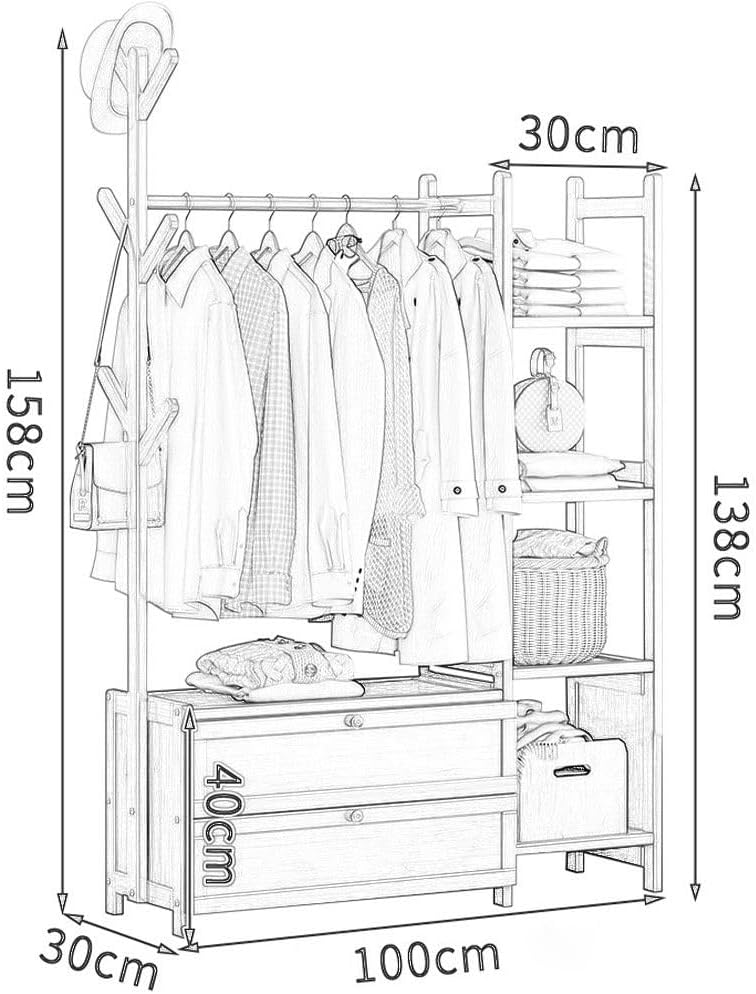 HomeLava Bamboo Garment Rack Heavy Duty Clothes Rack with Drawers Shelves and Side Hook, Clothing Rack for Entry Bedroom (Natural, 39.4'')