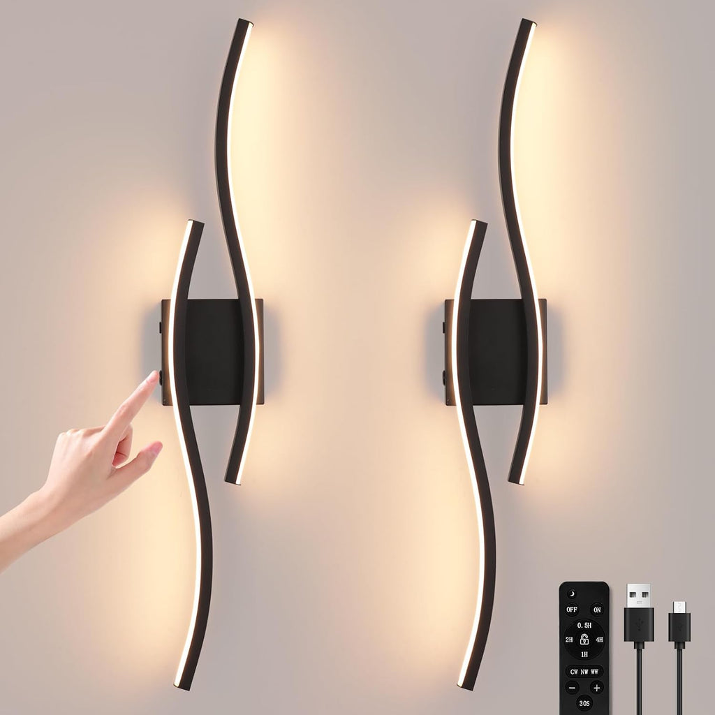 Modern LED Wall Sconce set of Two, Battery Powered Wall Sconces set of 2 with Timer, Black Wall Light with Remote, LED Wall Lamp indoor not hardwired for Bathroom Living Room Bedroom Corridor
