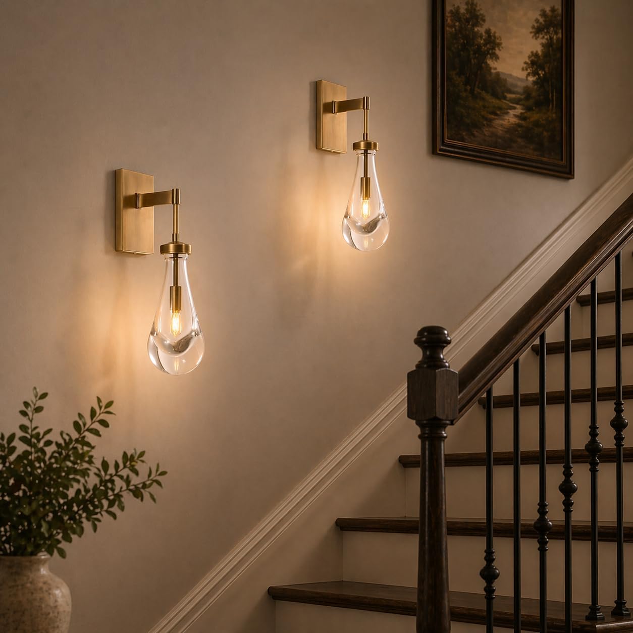 Raindrop Brass Wall Sconces Set of 2, Teardrop Glass Brushed Gold Dimmable Wall Lights with E12 Bulbs Included, Hardwired Bathroom Vanity Light for Bedroom, Living Room, Hallway, Stairway, Foyer, Home