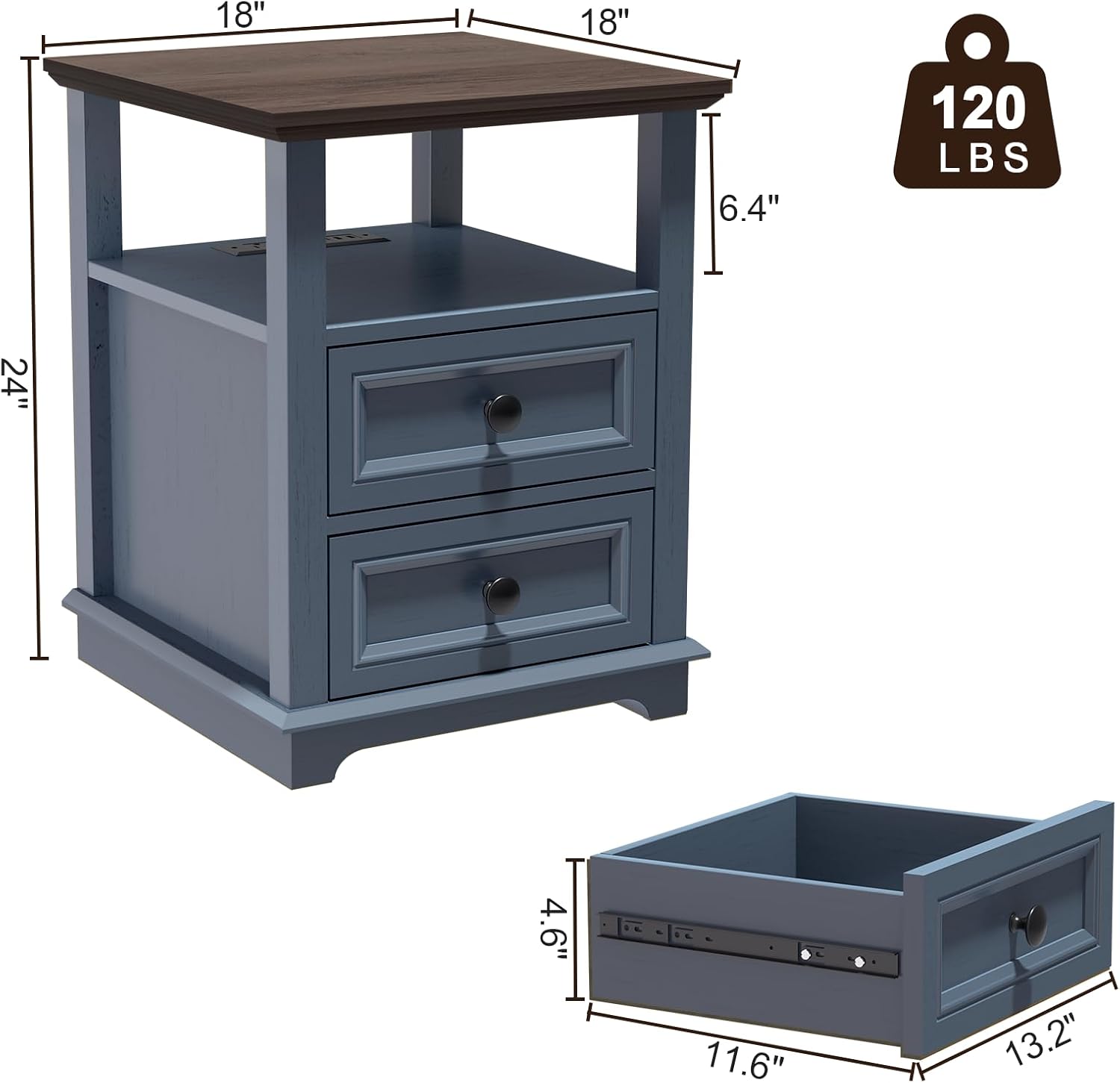 REDAYFUR 24' Tall Nightstand with Charging Station, 18' Bedside Table with Drawers,Rustic Wooden Storage Cabinet with Open Shelf for Bedroom,Blue