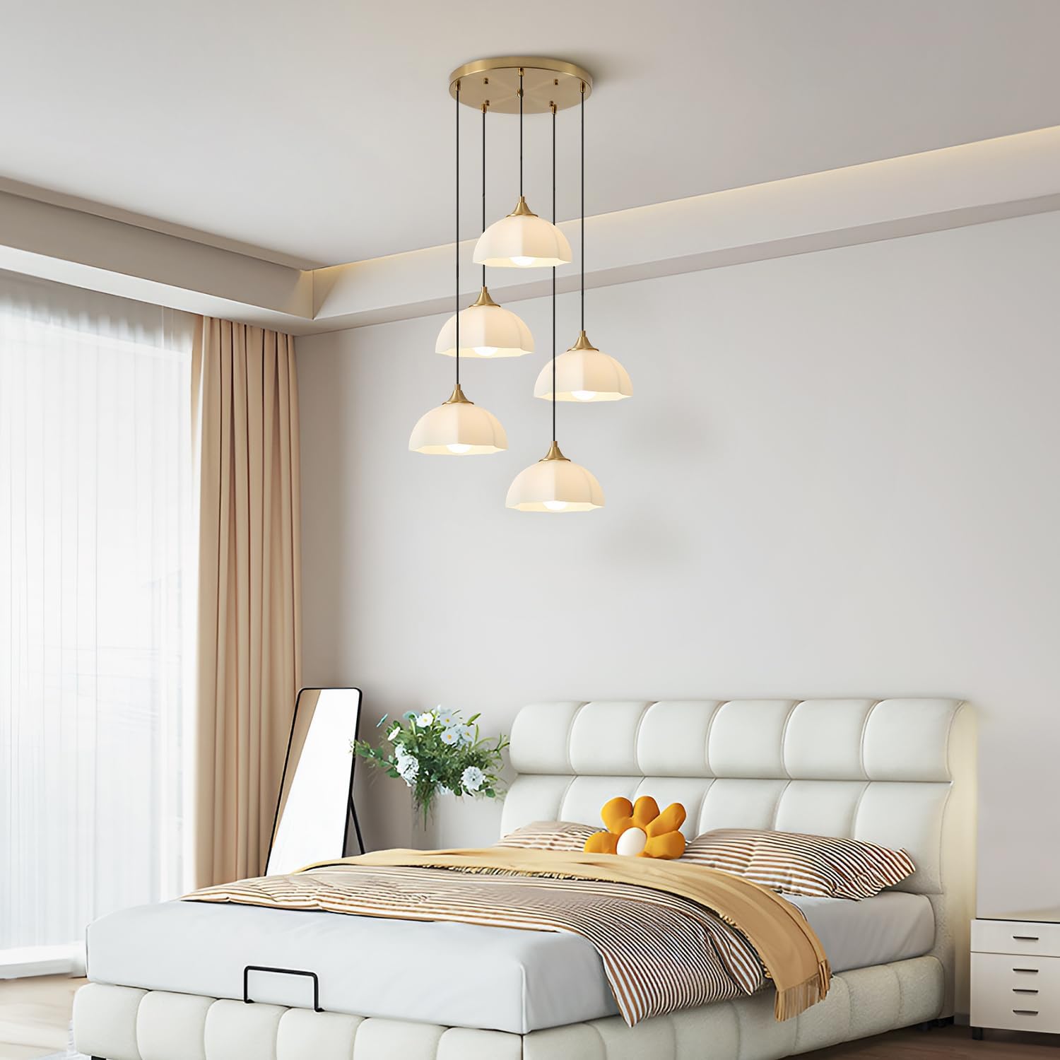Modern 5 Light Brushed Gold Pendant Lighting Mid Century Milk Glass Cluster Pendant Lights Kitchen Island Adjustable Brass Hanging Chandelier Vintage White Ceramic Light Fixture MPL17-5R GD