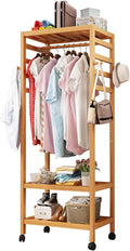 Bamboo Garment Rack Clothes Shelf Shoes Storage with 4 Hooks, Top Rod, 3 Storage Shelves, Wheels, Rolling Clothes Rack for Hanging Clothes, Clothing Racks Storage Organizer