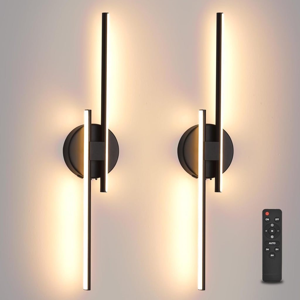Rechargeable Battery Operated Wall Sconce Set Of Two, Black Wireless LED Wall Sconces With Remote Control, Dimmable 3 Colors Cordless wall lights for Living Room, bedroom, Hallway, 23.6 Inch ( 2pcs)