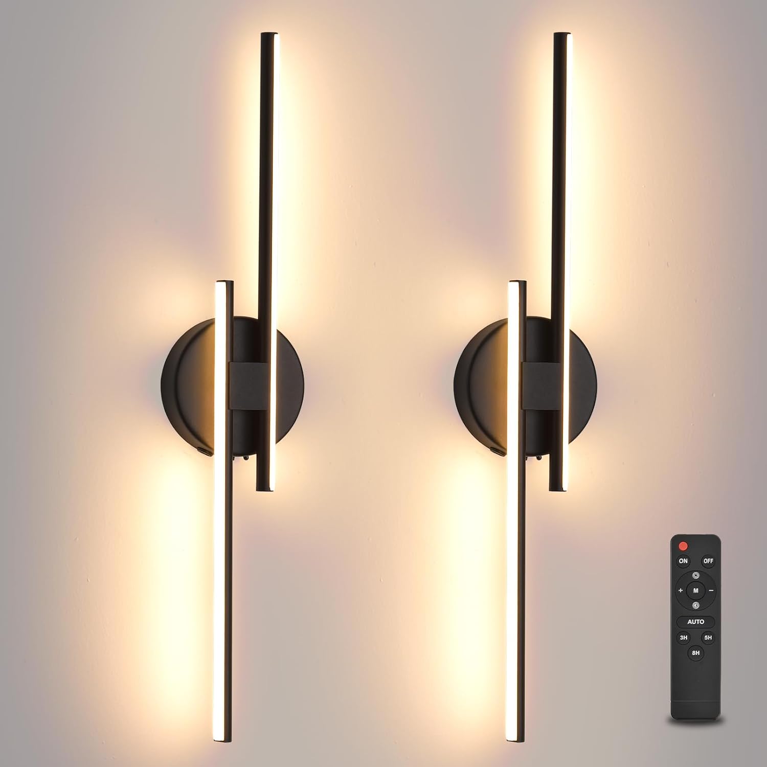 Rechargeable Battery Operated Wall Sconce Set Of Two, Black Wireless LED Wall Sconces With Remote Control, Dimmable 3 Colors Cordless wall lights for Living Room, bedroom, Hallway, 23.6 Inch ( 2pcs)