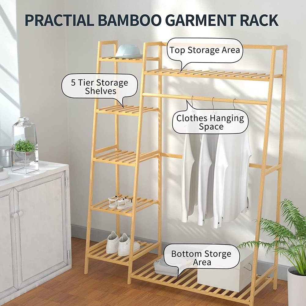 Free-Standing Closet Organizer Heavy Duty Clothes Storage Garment Rack Bamboo Clothing Rack with Shelves and Hanging Rod for Bedroom Capacity 300lb (Color : Wood, Size : 11040140cm)