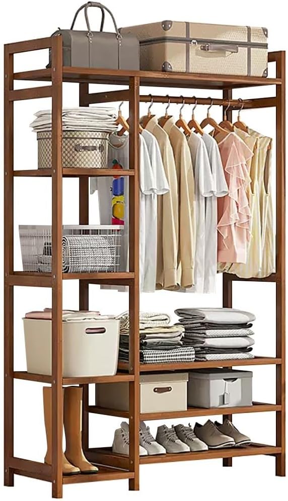 Floor-Standing Solid Wood Rotating Coat Rack，Freestanding Bamboo Clothes Rail with Hanging Rod, 2 Shelves & Hooks - Natural Wood Garment Rack for Bedroom & Hallway - Stylish Open Wardrobe St