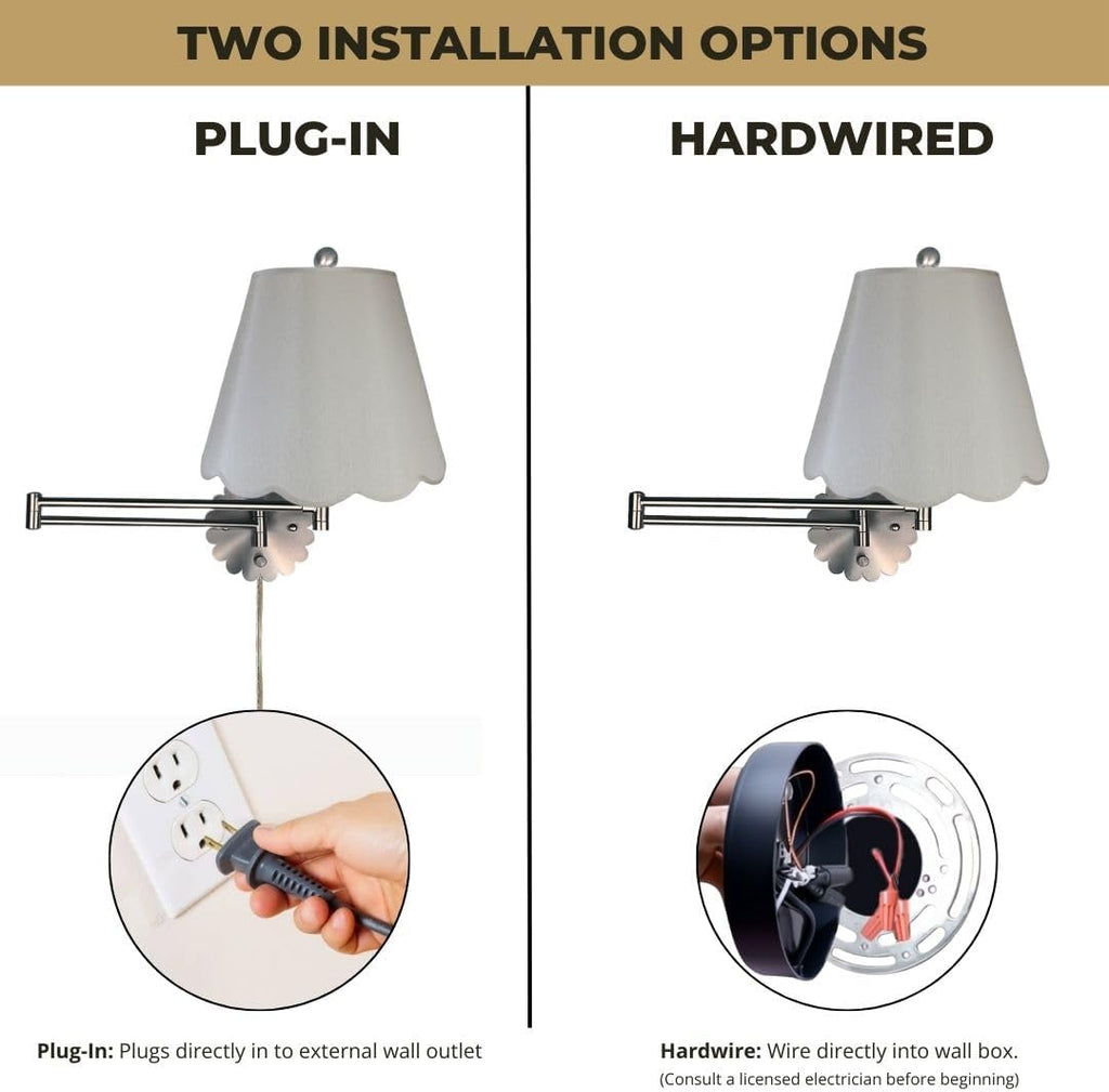 Royal Designs, Inc. Set of 2 Scalloped Swing-Arm Dimmable Wall Lamp - Brushed Nickel Lamp with Gray Scallop Hardback Lampshade