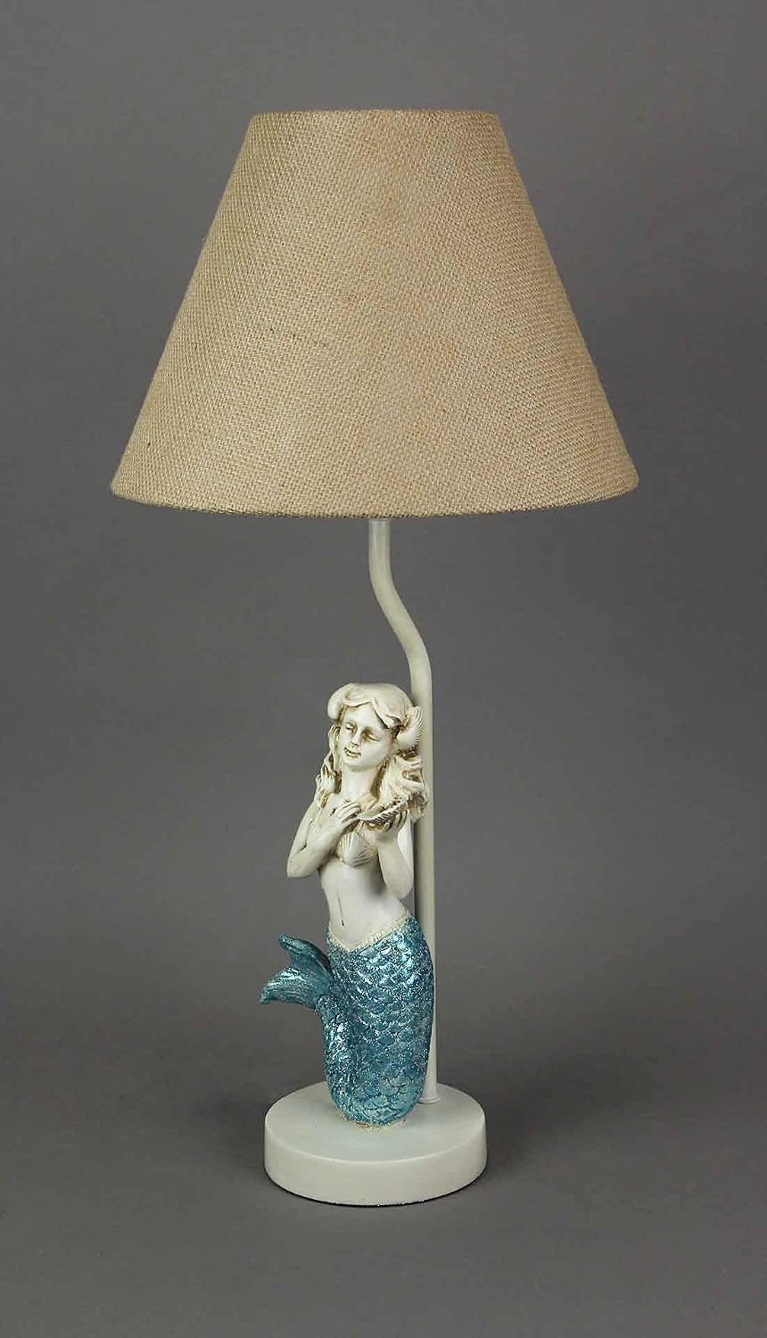 Zeckos Set of 2 Blue Glitter Mermaid Table Lamps Coastal Beach Decor Burlap Shades 22.5 Inches High