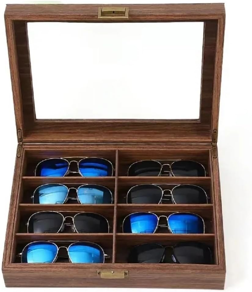 Glasses Display Stand 8 Grids Vintage Wooden Glasses Storage Box Wood Jewelry Sunglasses Eyewear Eyeglasses Display Case Holder Organizer Gift Box Sunglasses Display Rack