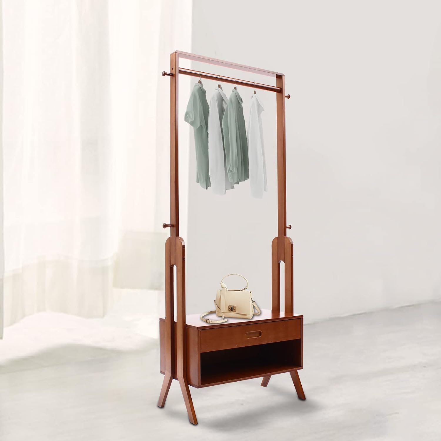 TFCFL Heavy Duty Garment Rack 2-in-1Nan Bamboo Clothes Rack Multi-Purpose Coat Rack with a Hanging Rod, Storage Cabinet and 4 Hooks for Living Room, Bedroom