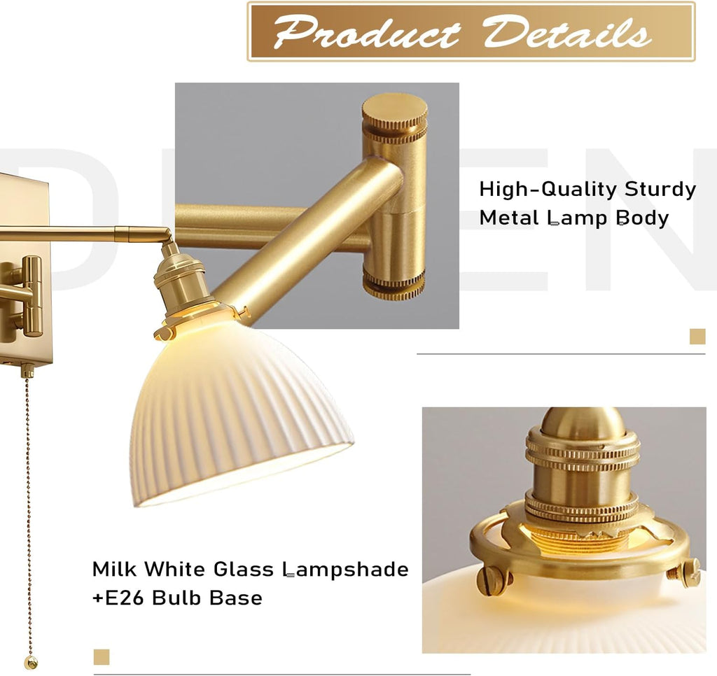 Gold Wall Sconces Set of 2 Modern Bathroom Sconces Wall Lighting Brushed Brass Wall Mount Light Fixture Milk Glass Swing Arm Wall Sconces with Pull Chain Bedroom Hardwired Wall Lamps MWL14D-2