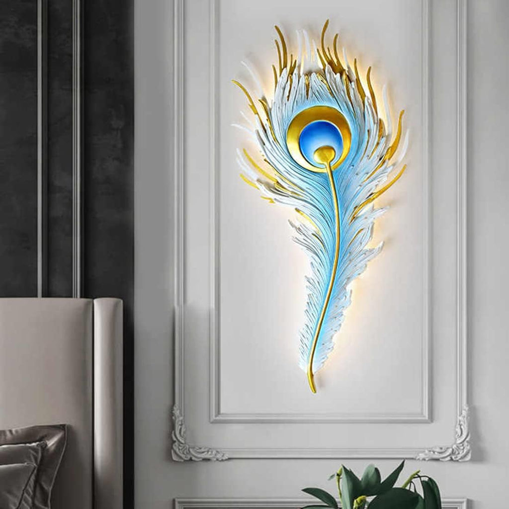 Feather Wall Lamp LED Dimmable Wall Sconce Lighting with Blue Elegant Peacock Feather Design Vintage Modern Wall Light Fixture for Bedroom Living Dining Room Hallway Deco