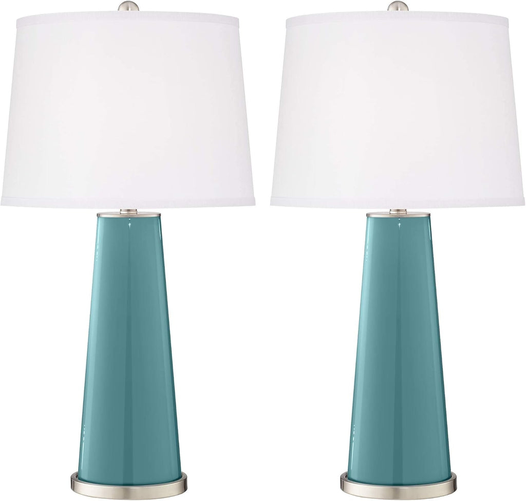 Color + Plus Leo 29 1/2' Tall Modern Coastal End Table Lamps Set of 2 Reflecting Pool Blue Finish Glass Fabric White Shade Living Room Bedroom Bedside Nightstand House Office Family Reading