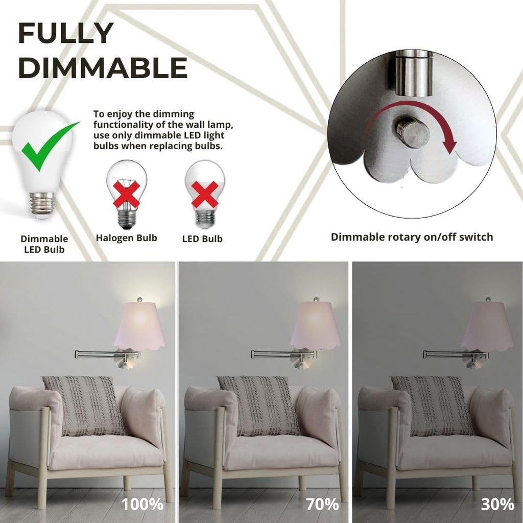 Royal Designs, Inc. Set of 2 Scalloped Swing-Arm Dimmable Wall Lamp - Brushed Nickel Lamp with Pink Scallop Hardback Lampshade