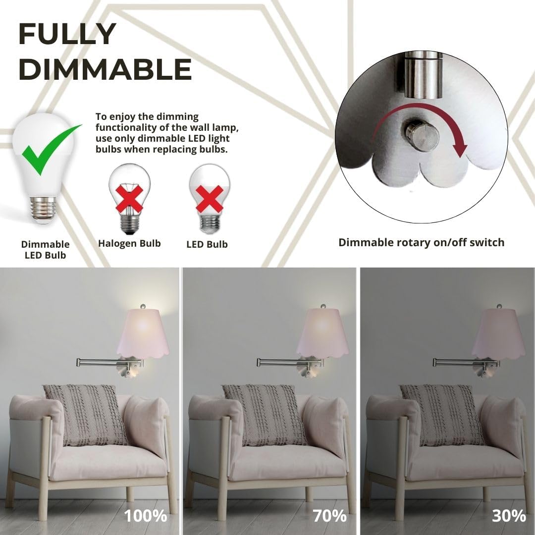 Royal Designs, Inc. Set of 2 Scalloped Swing-Arm Dimmable Wall Lamp - Brushed Nickel Lamp with Pink Scallop Hardback Lampshade