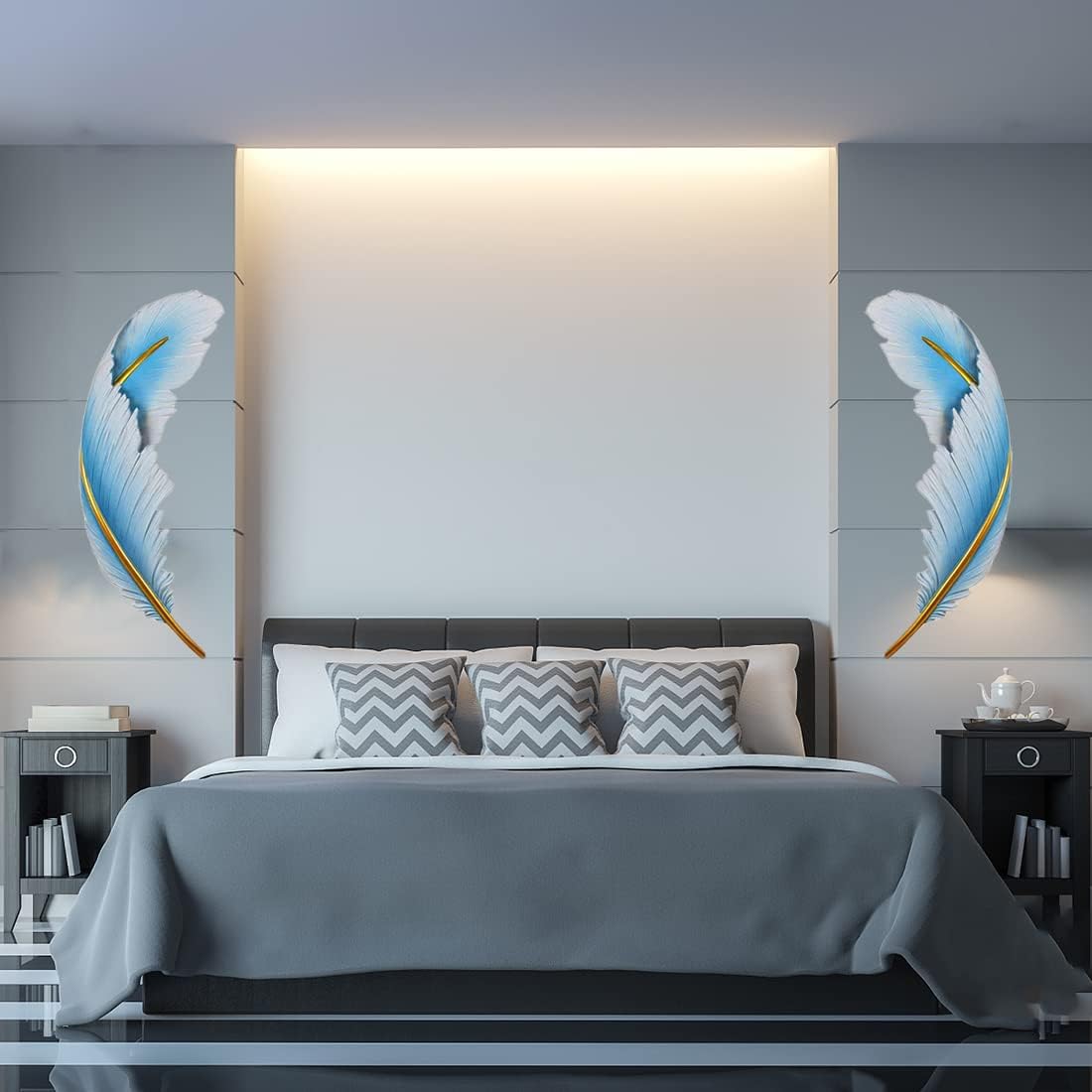 Dimmable Wall Lamp Set of 2 LED Wall Mount Light Fixtures Blue Feather Design Mid-Century Modern Feather Wall Lamp for Bedroom Living Dining Room Hallway